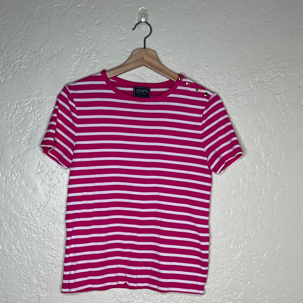 Chaps Classics Pink White Striped Cotton Button Shoulder Tee Shirt Womens Medium